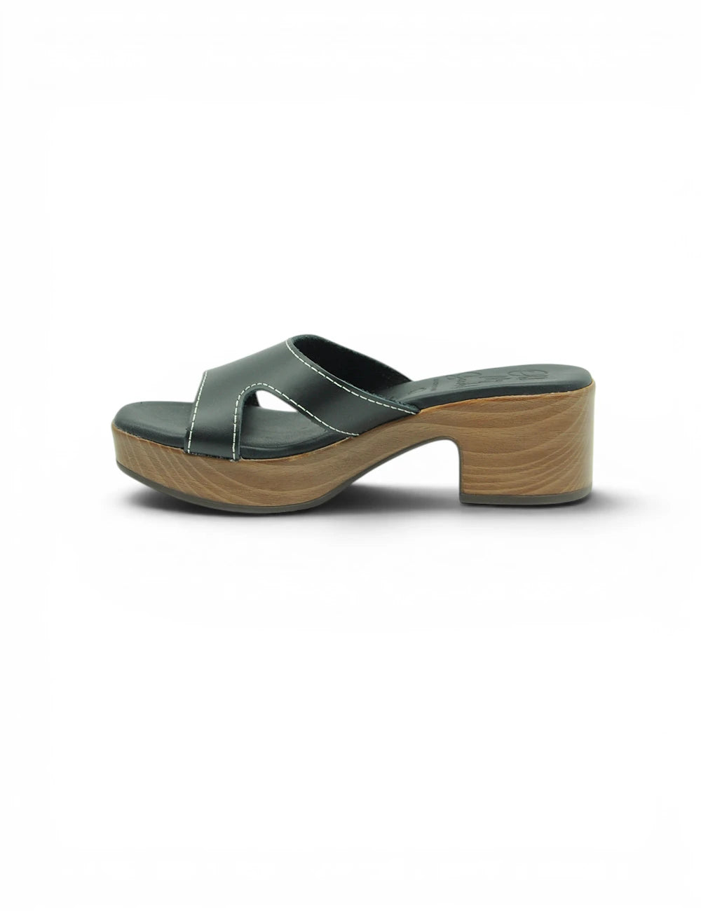 Dark green leather mule sandal with wooden block heel and platform oh my sandals clog nero