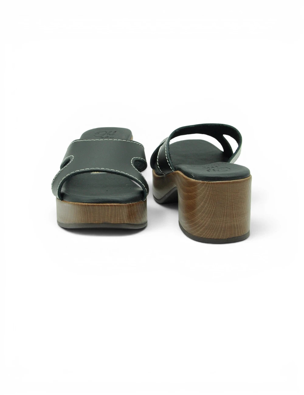 Sandali sabot oh my sandals clog nero in pelle verde scuro con tacco blocco in legno e cuciture bianche