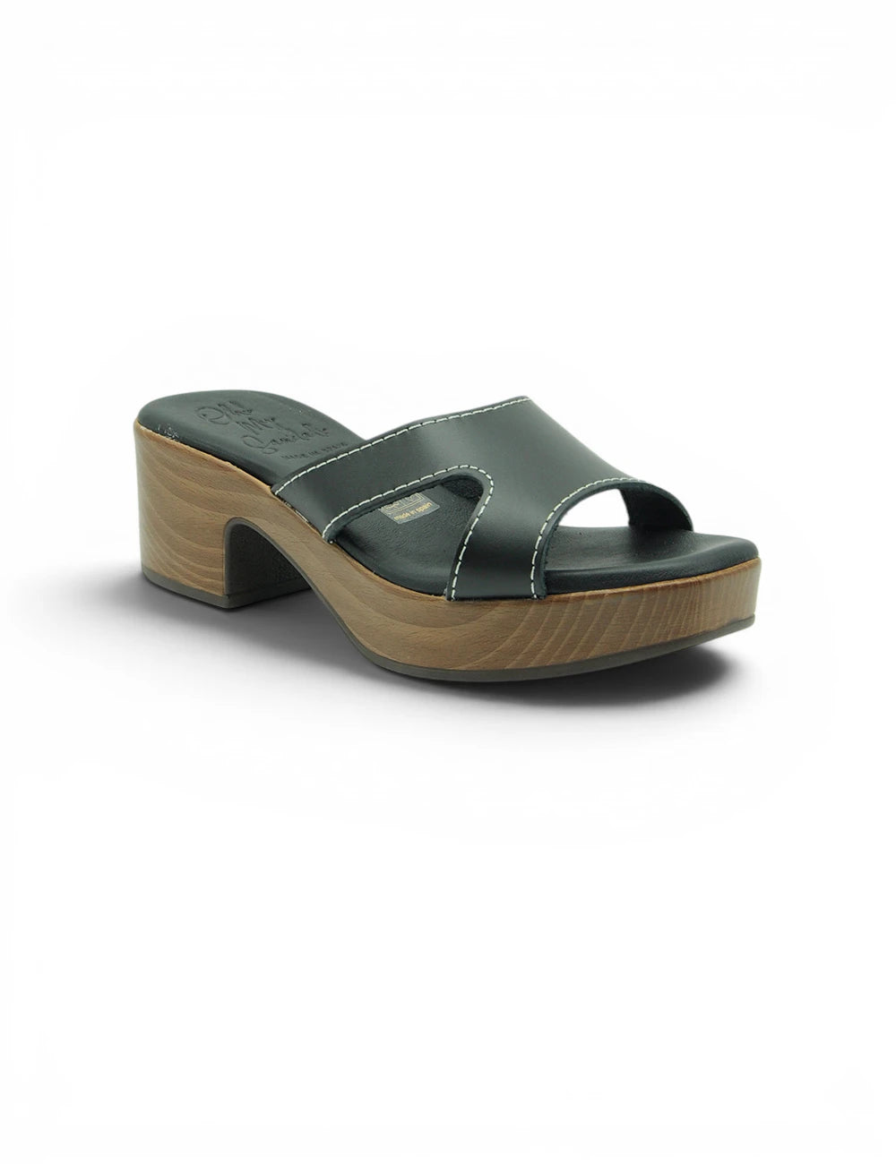Sandalo mule in pelle verde scuro con tacco e plateau in legno oh my sandals clog nero