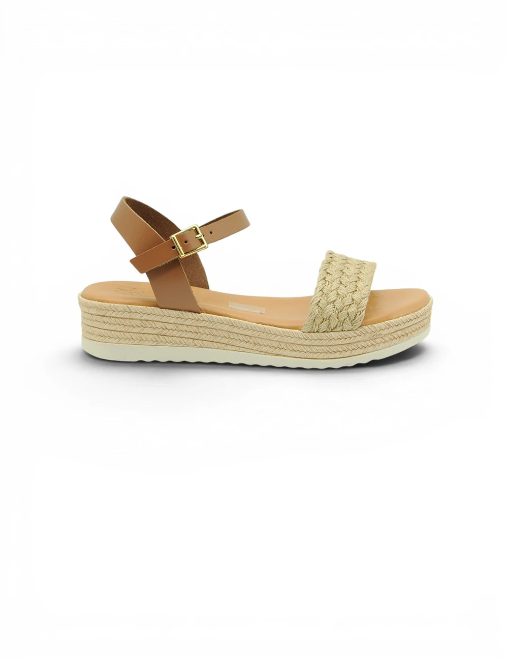 Sandalo espadrillas roble con fascia in pelle color cuoio e fibbia oro su piattaforma intrecciata espadrille