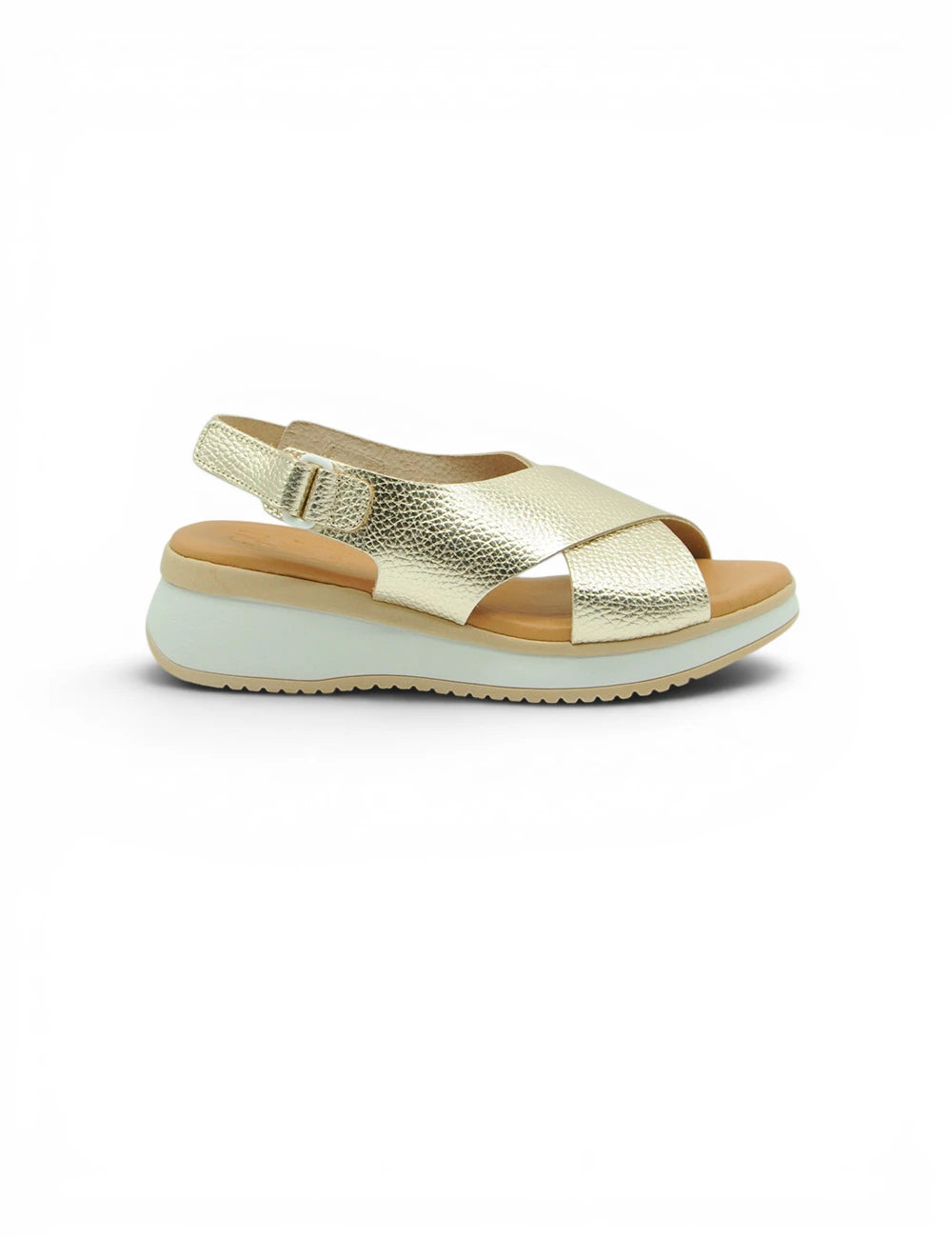 Sandalo wedge dorato in pelle testurizzata con design a incrocio e cinturino regolabile alla caviglia