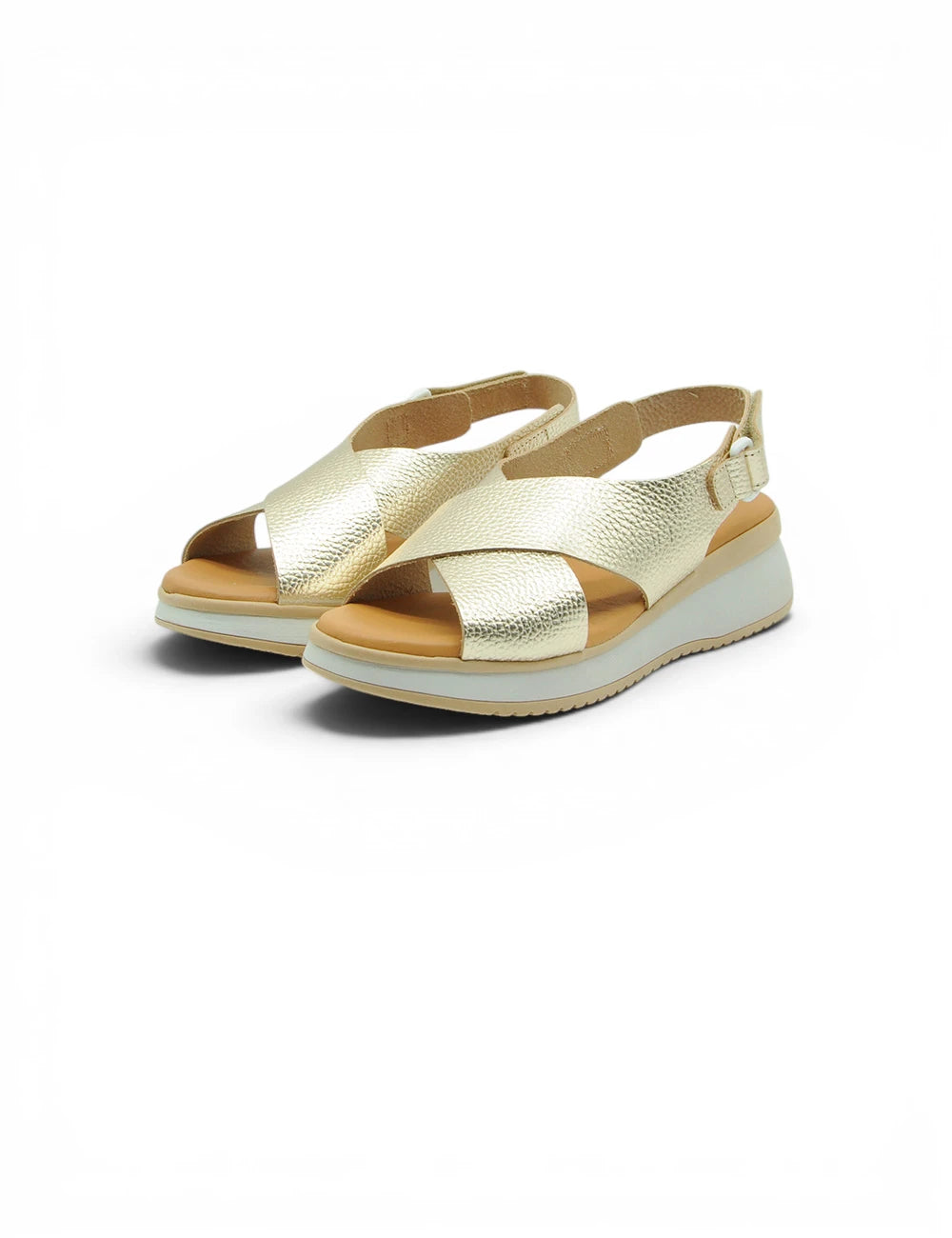 Sandali oh my sandals sandalo soraya champagne in pelle dorata testurizzata con suola platform e cinturino alla caviglia regolabile
