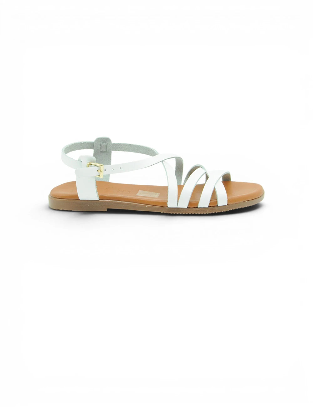Sandalo bianco in pelle con cinturini, suola color cuoio e fibbia dorata Oh My Sandals Brenda Blanco