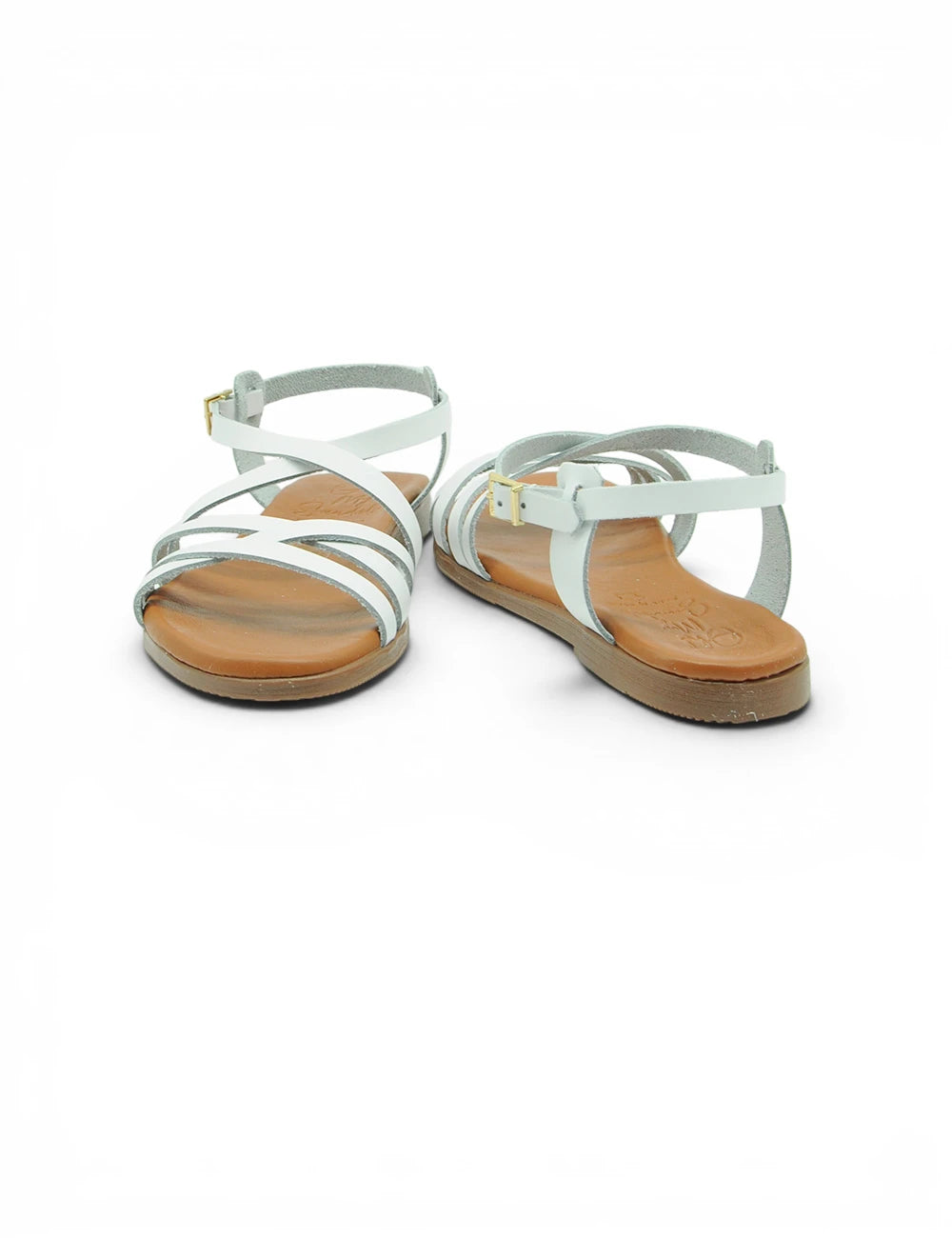 Sandali bianchi in pelle con cinturini e fibbie oro con suola color cuoio oh my sandals sandalo brenda blanco