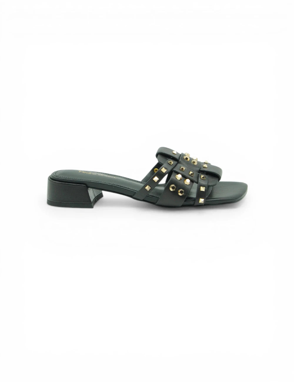 Mule Pedro Anton Borchie Nera in pelle verde scuro con borchie dorate quadrate