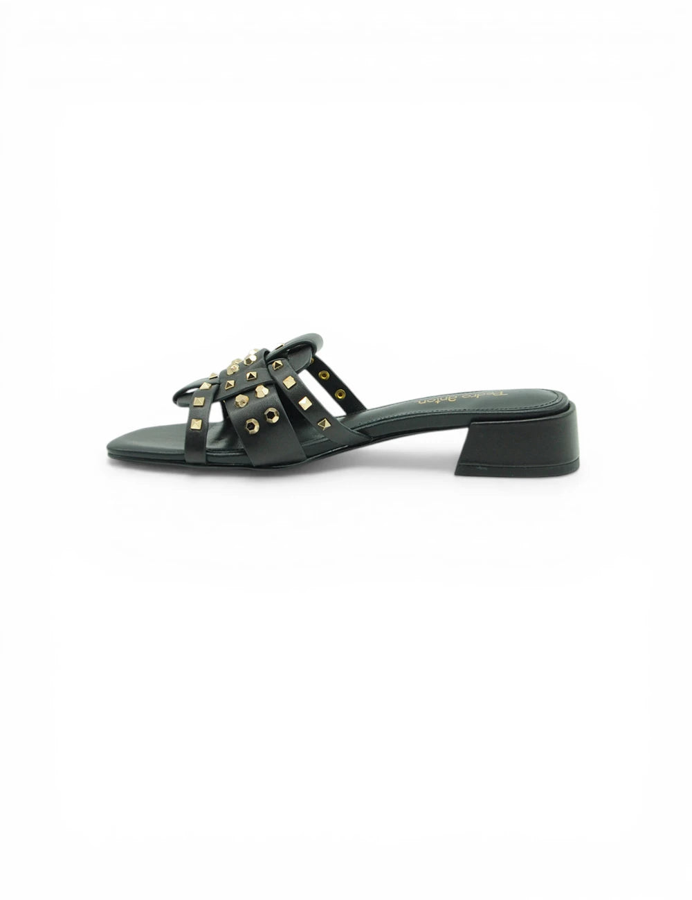 Pedro Anton Mule Borchie Nera nera in pelle con borchie dorate e tacco basso