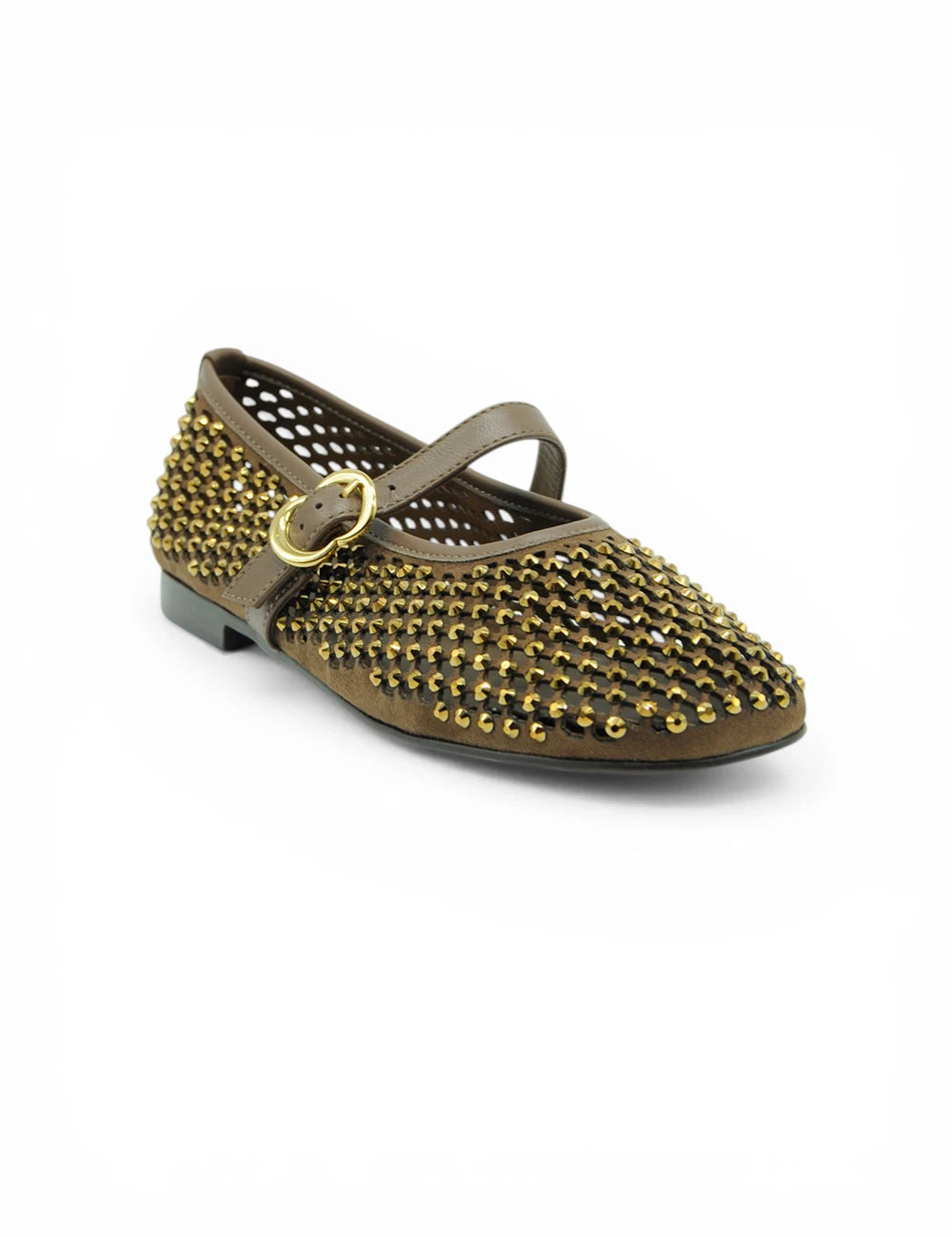 Mary Jane Pedro Anton ballerina camel con borchie dorate e fibbia