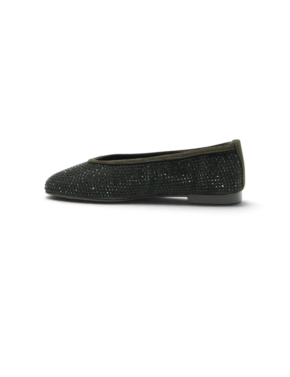 Black flat Pedro Anton ballerina testa moro with textured glittery upper and olive green suede lining