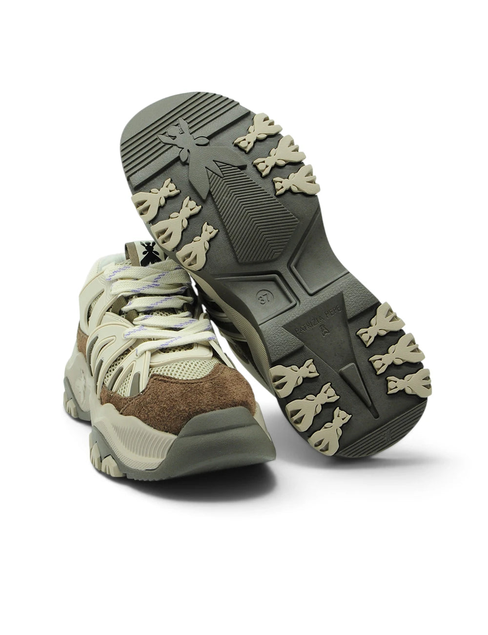 Sneakers patrizia pepe marrone taupe con suola chunky beige e verde oliva e dettagli farfalla