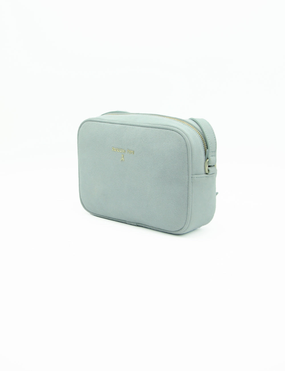 Borsa a tracolla Patrizia Pepe Camera Case Suede Sky grigia chiara in suede minimalista con hardware dorato