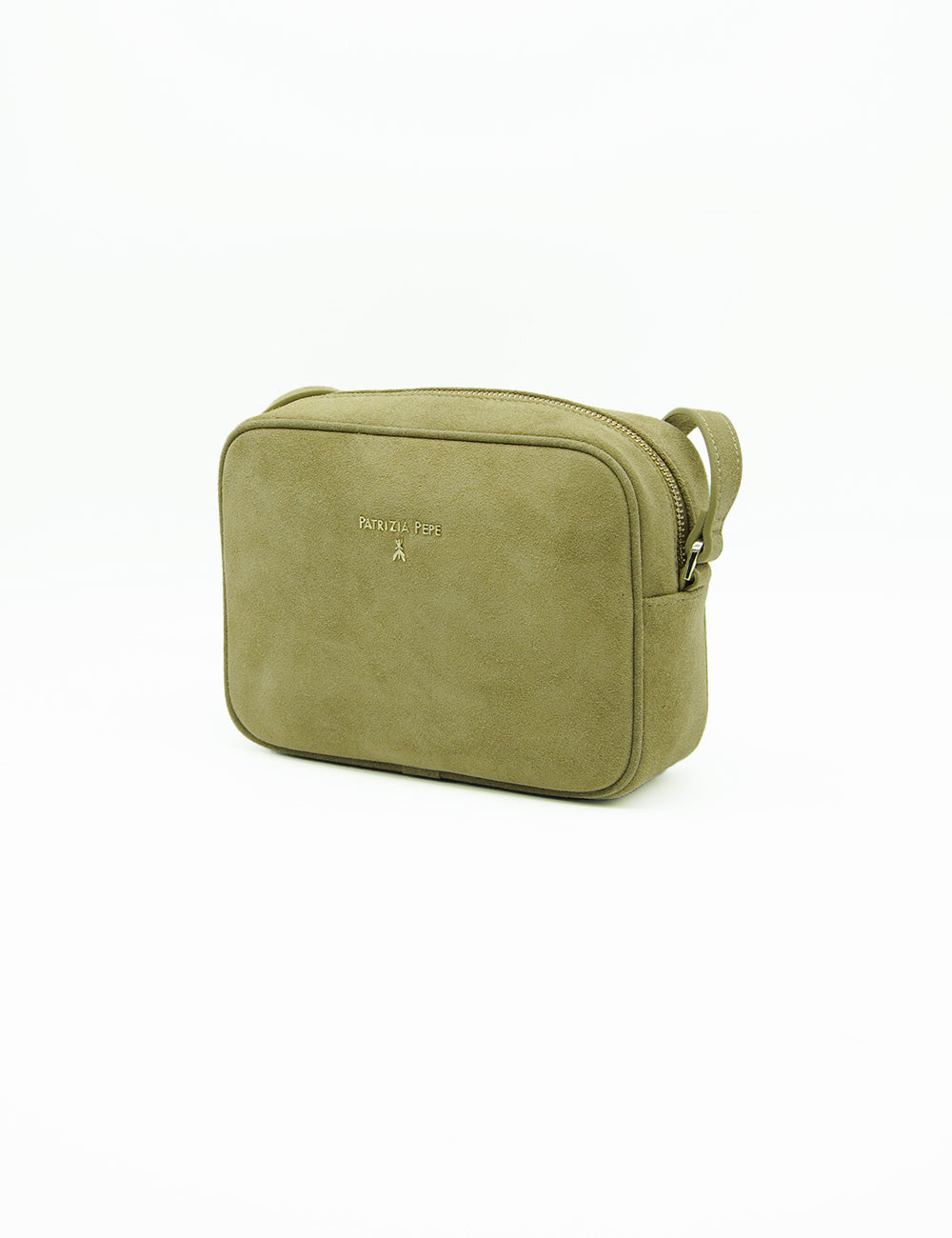Borsa a tracolla in suede verde oliva Patrizia Pepe Camera Case con design minimalista e logo discreto