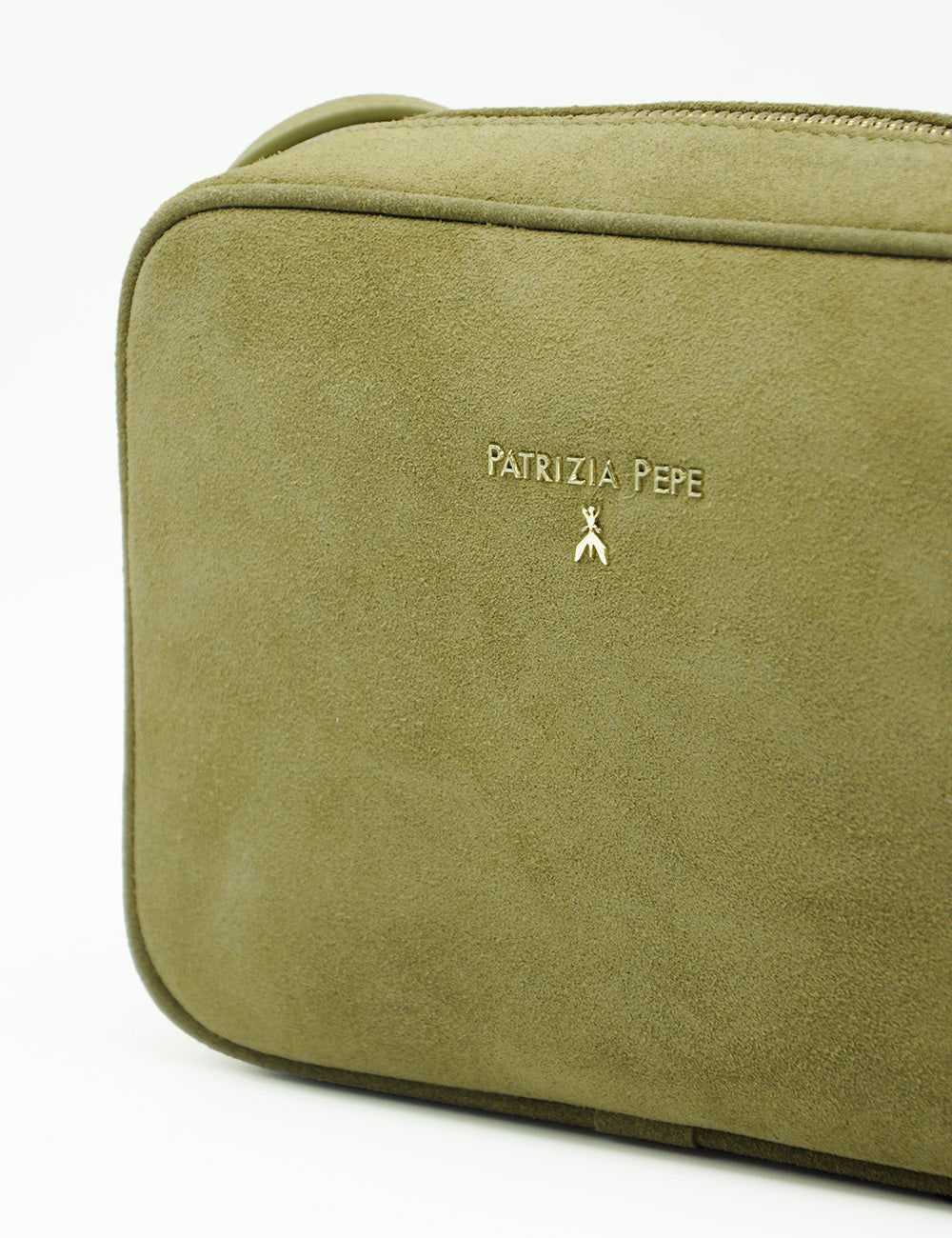 Borsa a tracolla in suede verde oliva Patrizia Pepe con logo oro