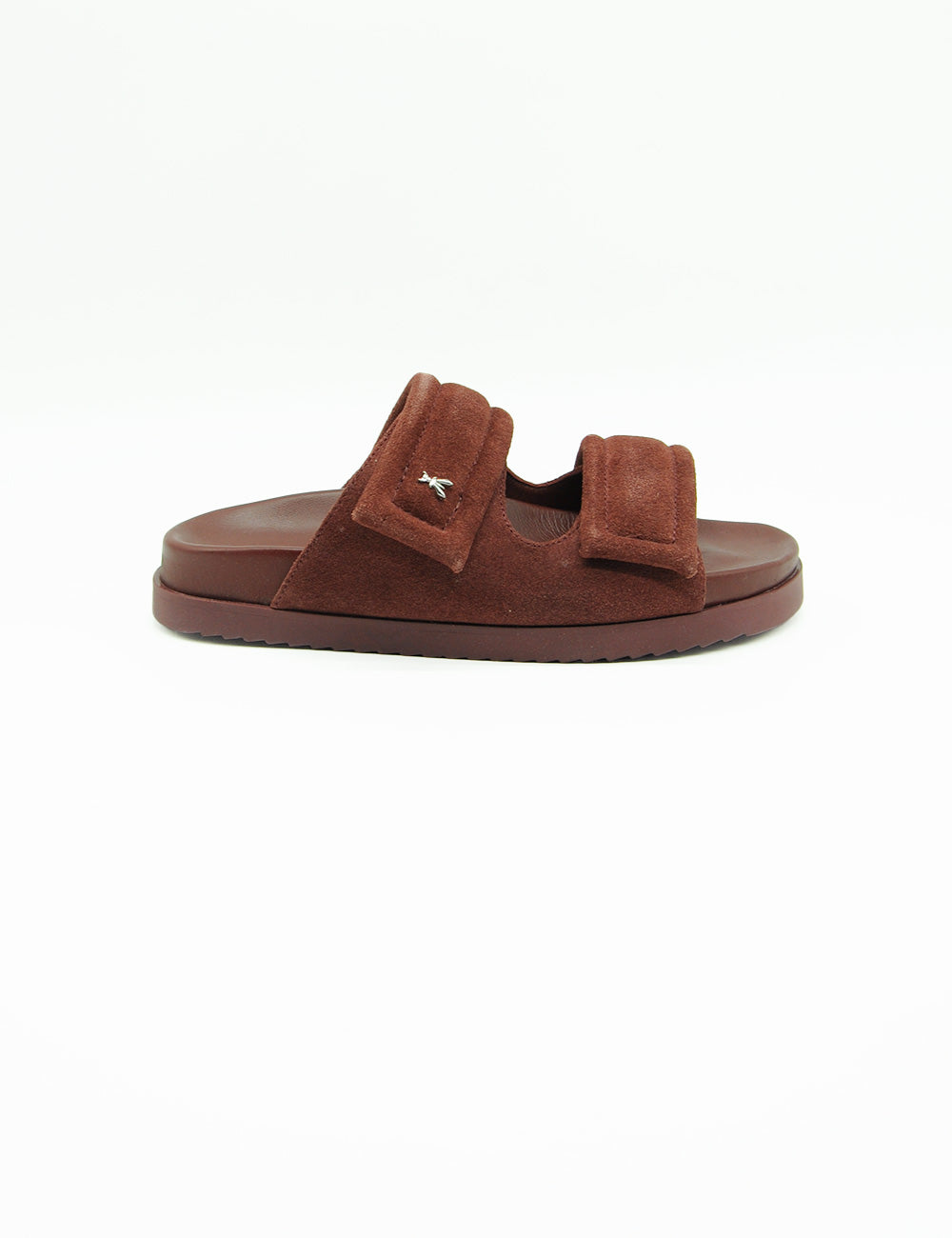 Ciabatta Patrizia Pepe in suede marrone con cinghie velcro e logo metallico laterale