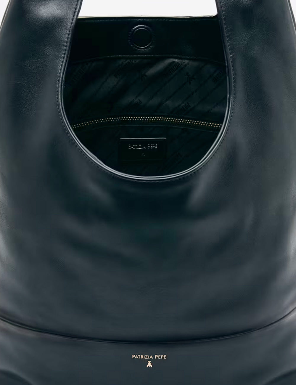Black leather hobo minimal bag patrizia pepe con design essenziale e foro circolare distintivo superiore