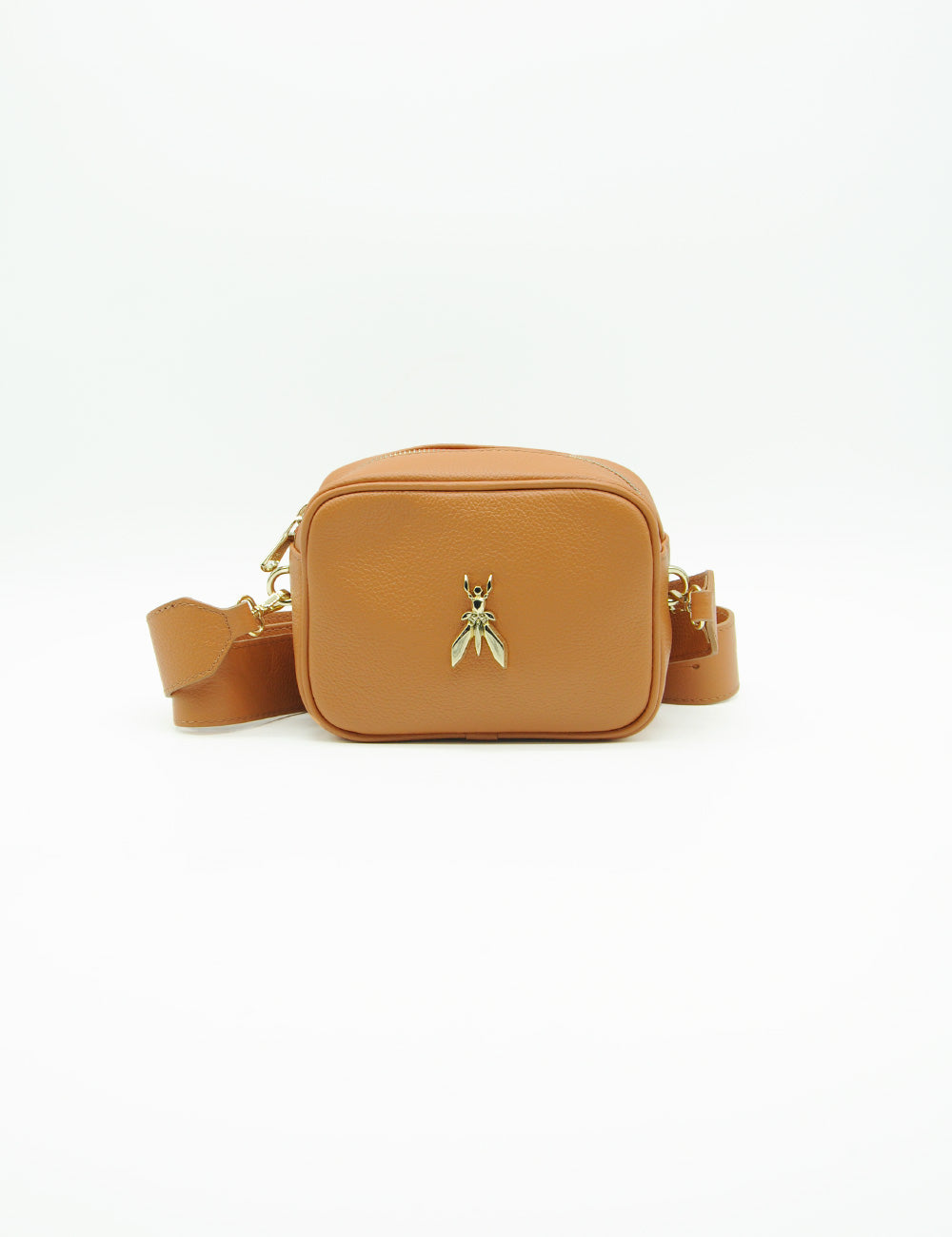 Borsa Patrizia Pepe Fly Camera Summer Cuoio in pelle tan con chiusura dorata a forma di insetto