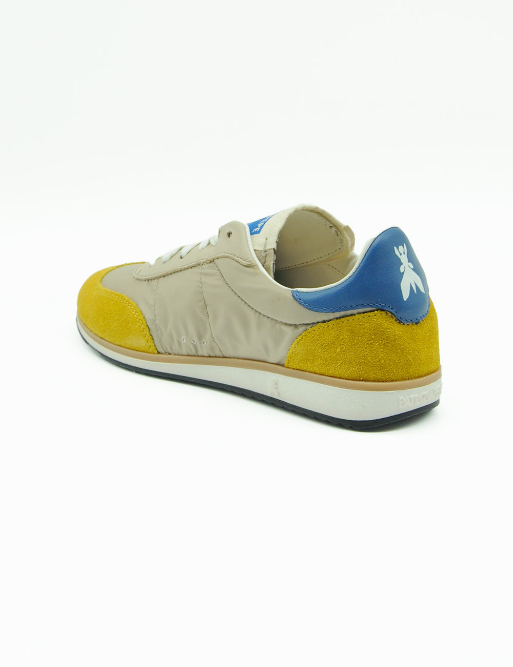 Sneaker Patrizia Pepe in nylon e suede beige e giallo senape con tallone blu e logo bianco