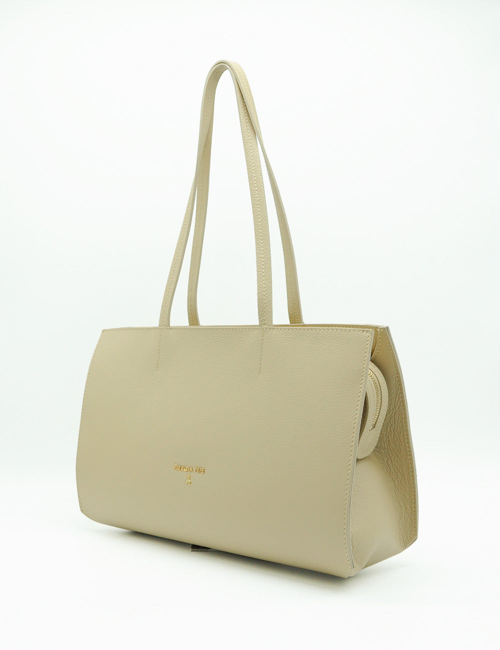 Borsa tote in pelle beige Patrizia Pepe Shopping Media Ocean Sand con manici doppi e logo oro