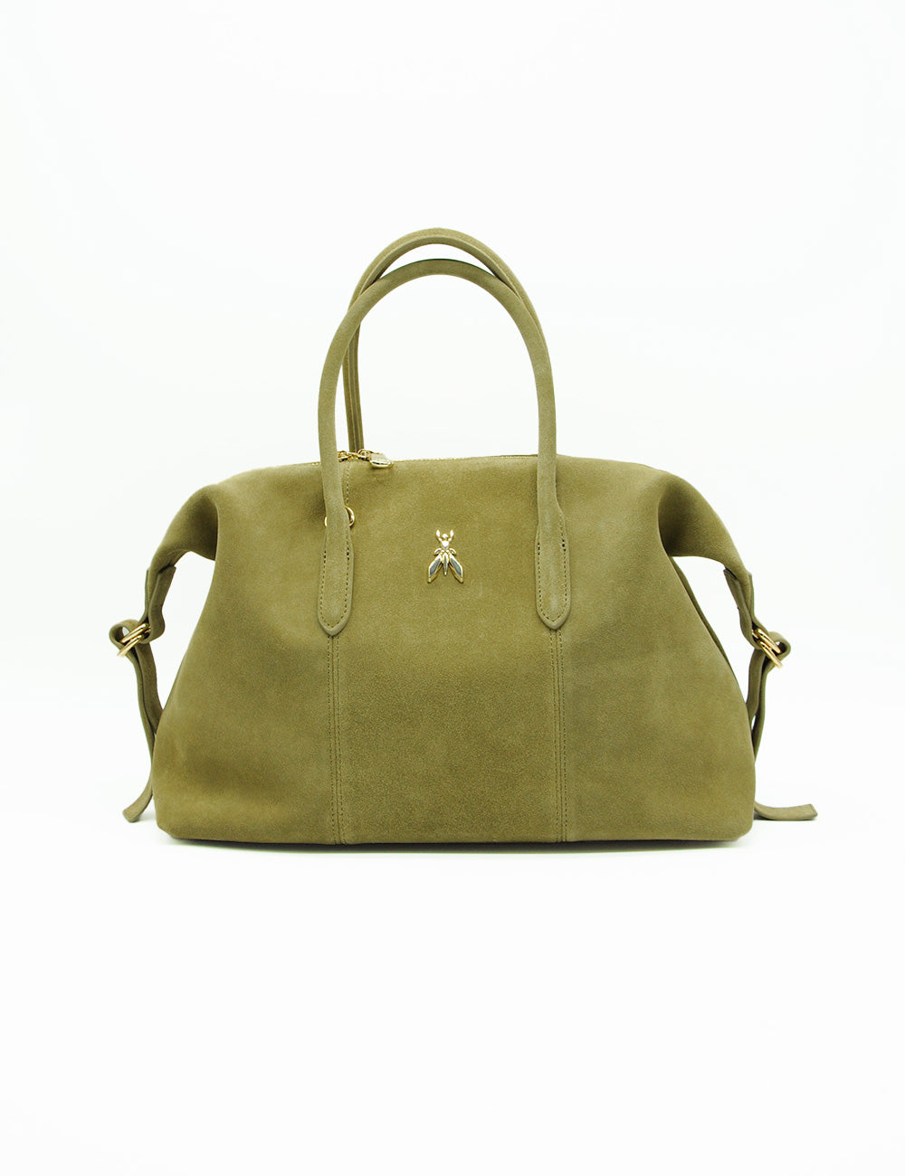 Borsa da viaggio Patrizia Pepe New Business in suede oliva con emblema insetto oro