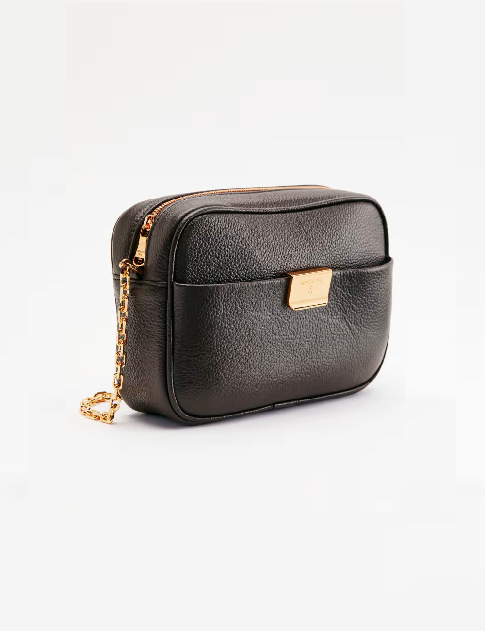 Borsa a tracolla in pelle nera con catena dorata e chiusura rettangolare di metallo patrizia pepe craft brown