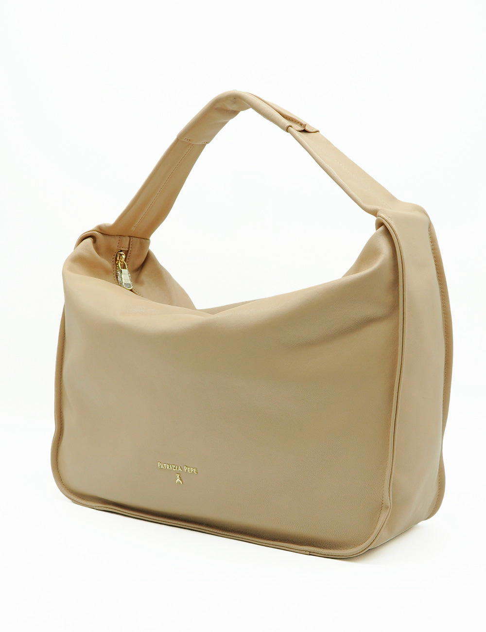 Borsa hobo grande Patrizia Pepe in pelle warm skin beige con zip oro