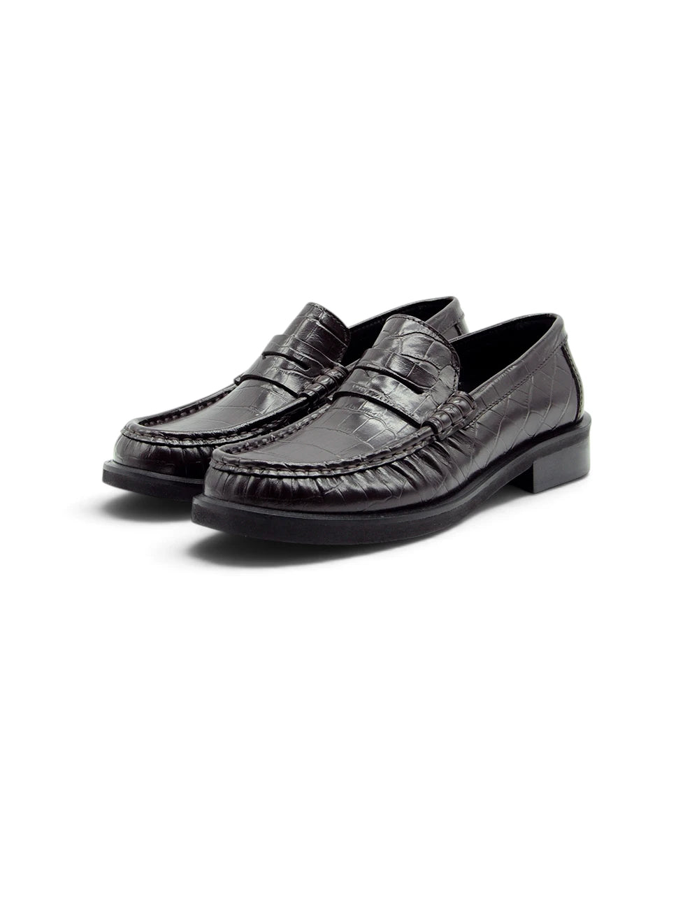 Poeve mocassino bordeaux in pelle nera effetto coccodrillo lucida con tacco basso a blocco