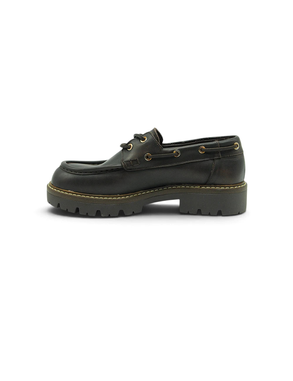 Stokton mocassino dark brown in pelle nera con suola chunky in gomma e occhielli dorati