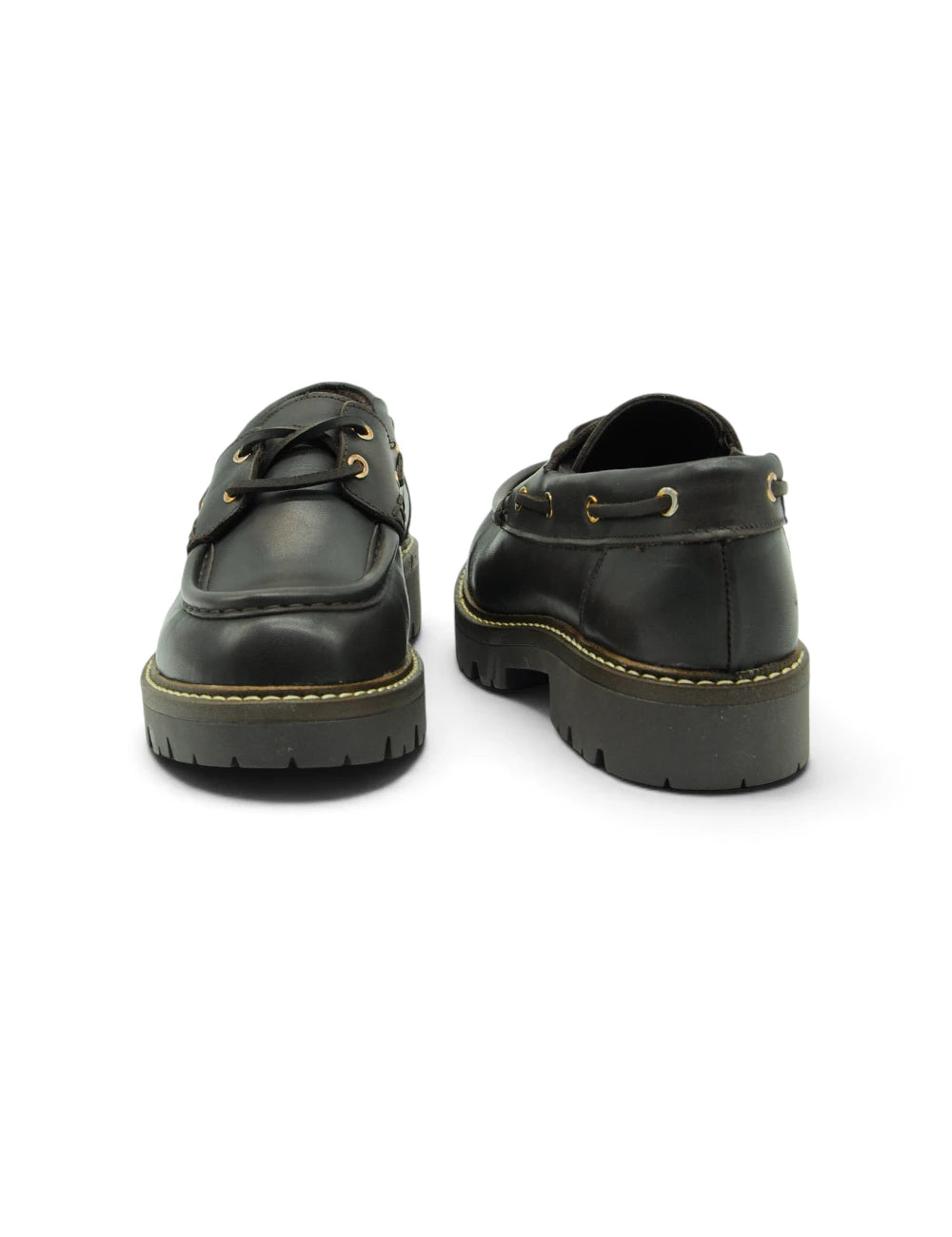 Scarpe mocassino stokton dark brown in pelle nera con suola platform e occhielli dorati con cuciture contrasto