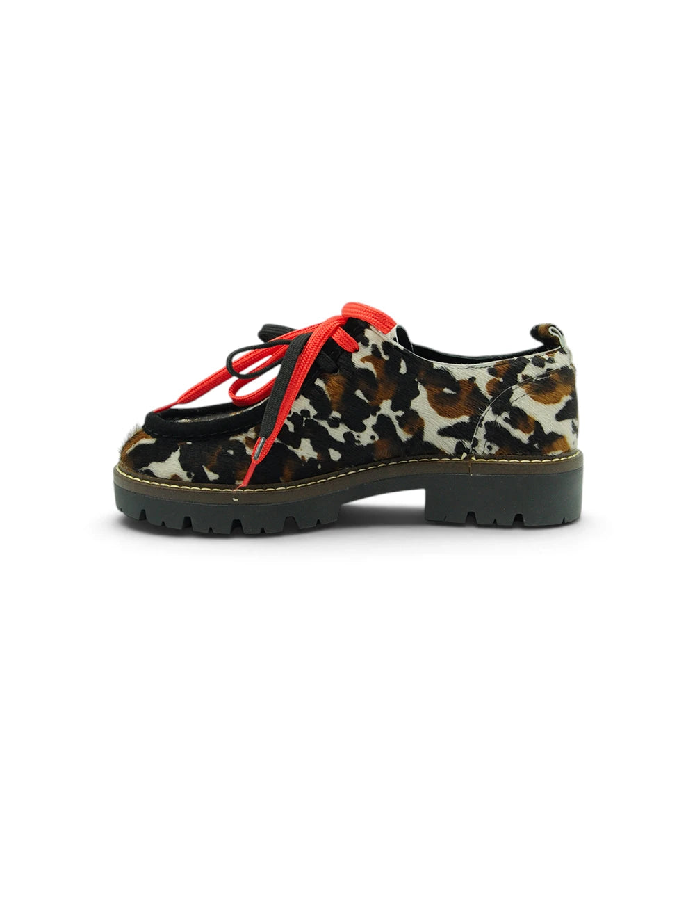 Scarpa platform stokton stringata mucchetta in leopardato con lacci rossi accenti neri in pelle