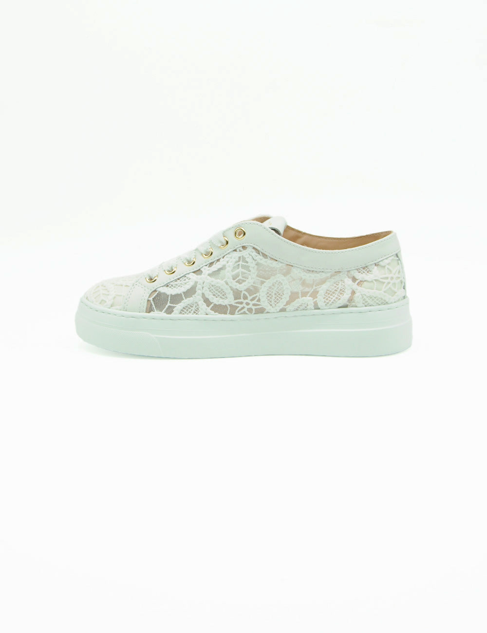 Sneaker Stokton Lace Bianca: retro con suola verde menta chiara, occhielli oro e lacci bianchi
