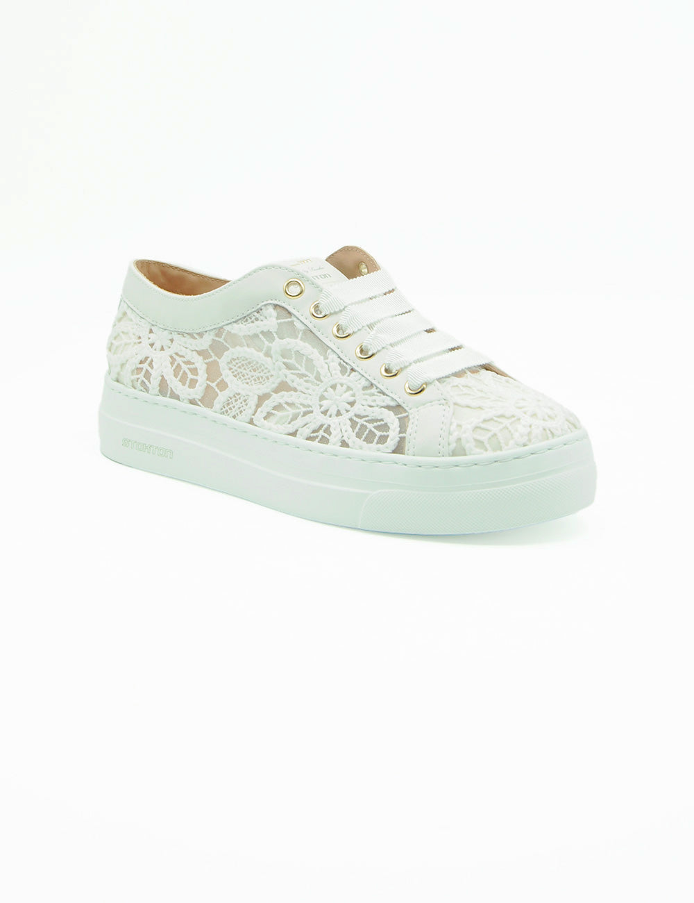 Sneaker Stokton Lace Bianca: retro bianco con ricamo floreale e suola platform menta chiara
