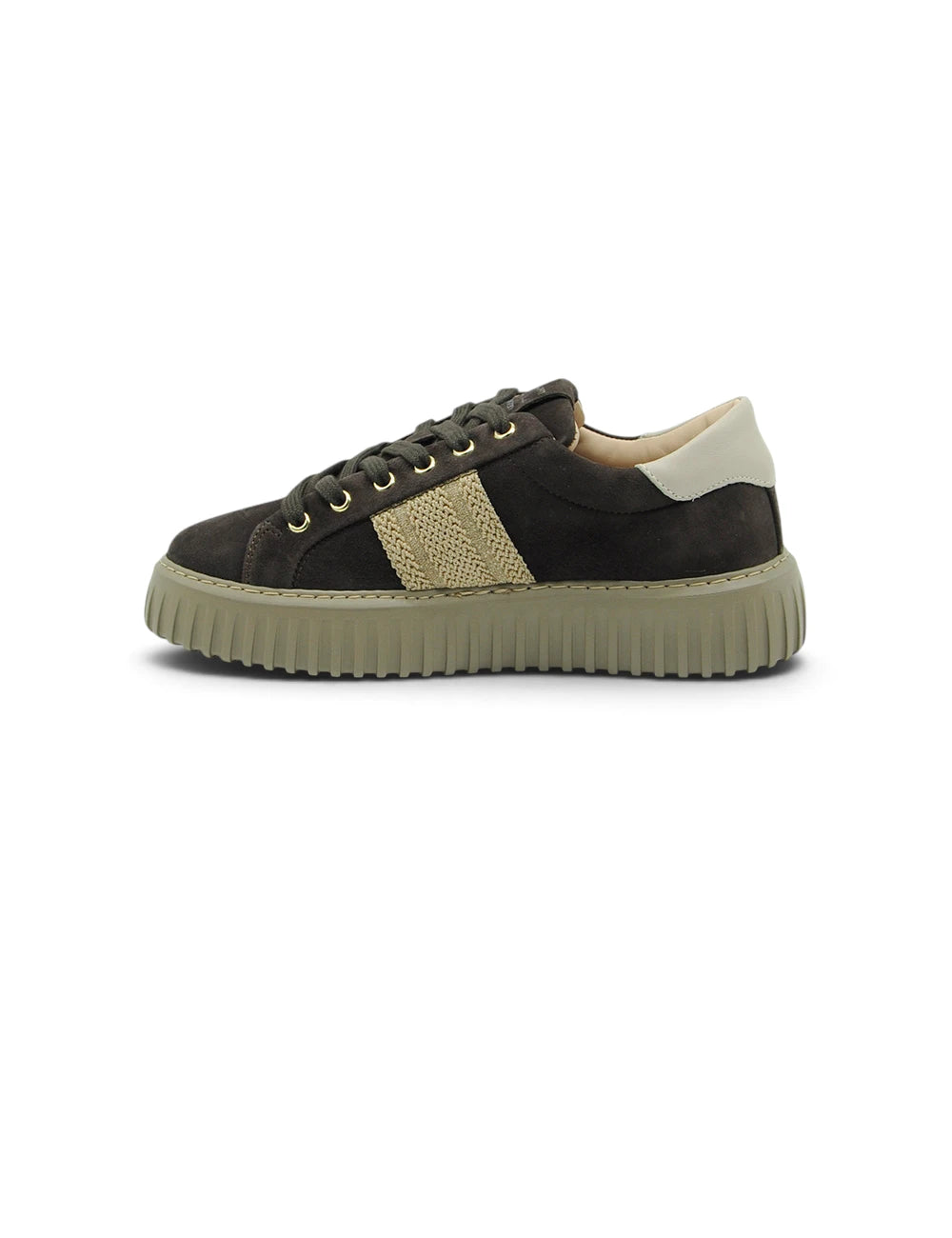 Sneaker stokton kid in pelle scamosciata marrone scuro con pannello dorato testurizzato e suola in gomma beige