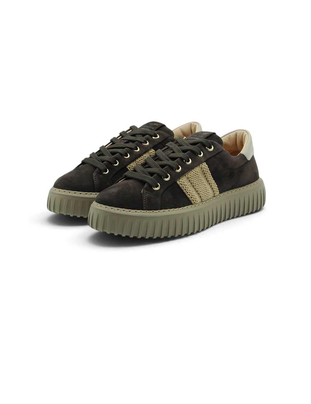 Dark olive suede stokton sneaker kid with beige mesh stripes and chunky textured green sole dark brown