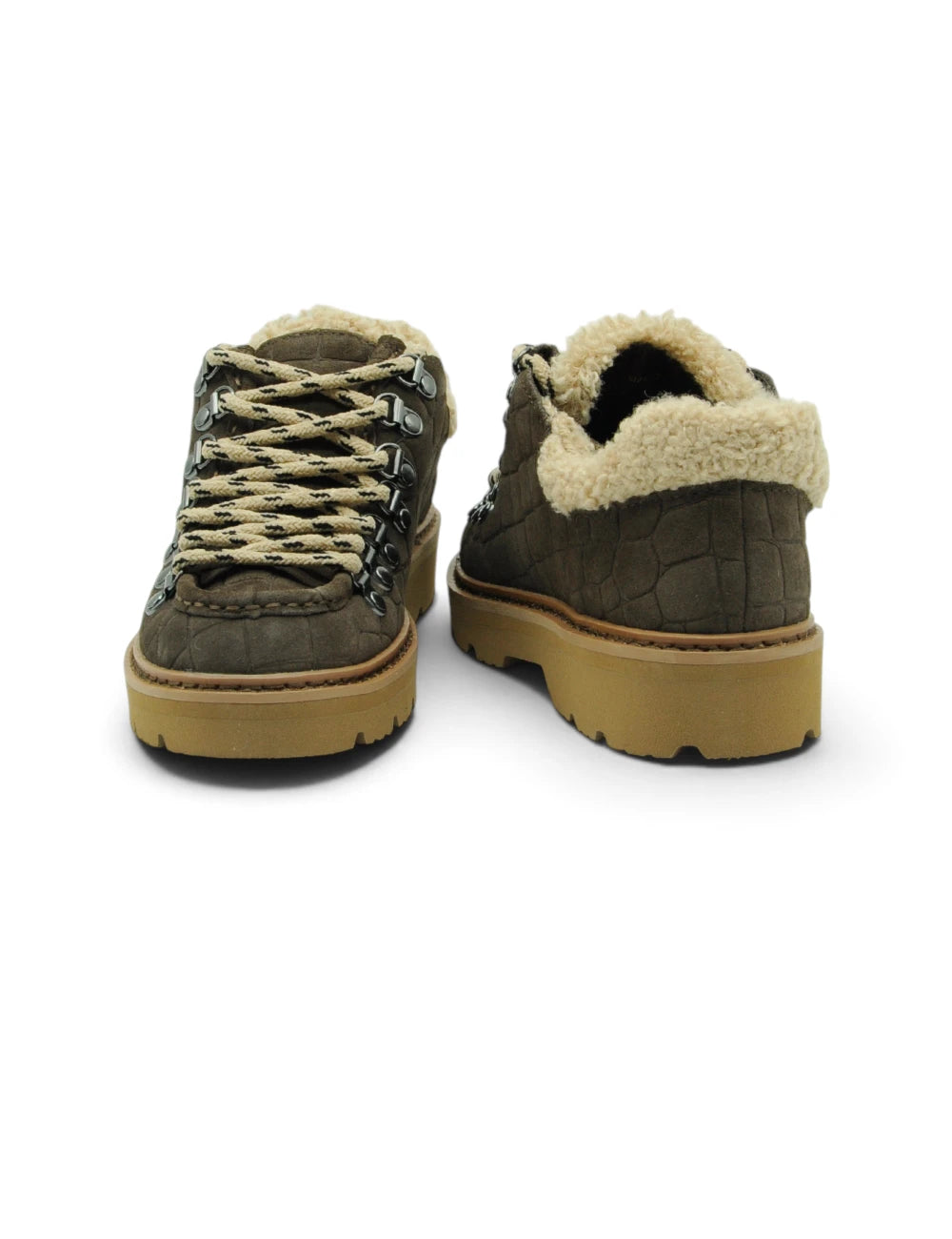 Stivali stokton stringata dark brown in camoscio verde oliva effetto coccodrillo con fodera in shearling crema e suola in gomma tan