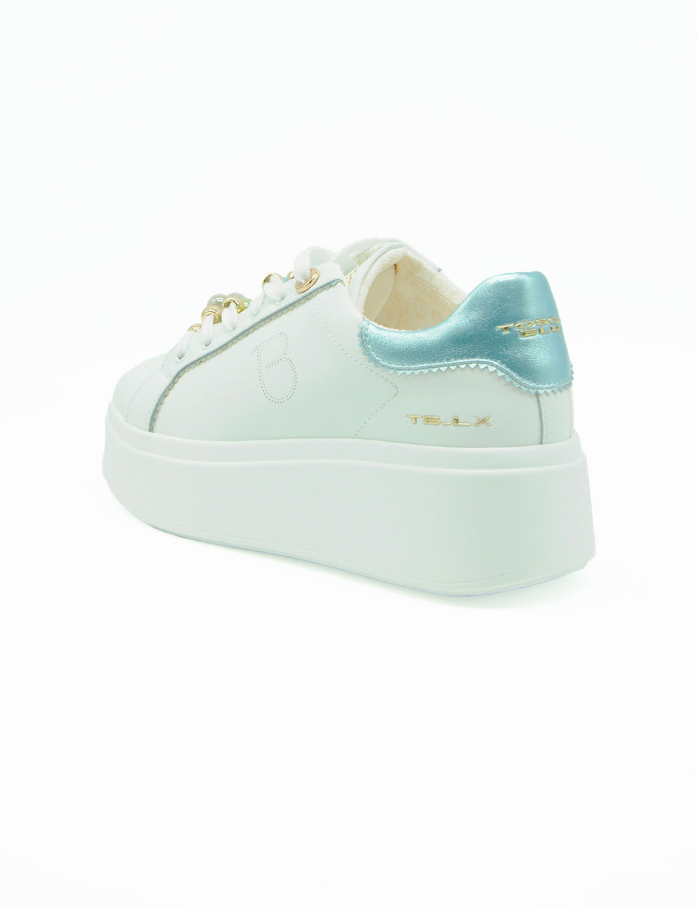 Sneaker Tosca Blu Clara Bianca bianca con tallone metallico azzurro chiaro e lacci oro