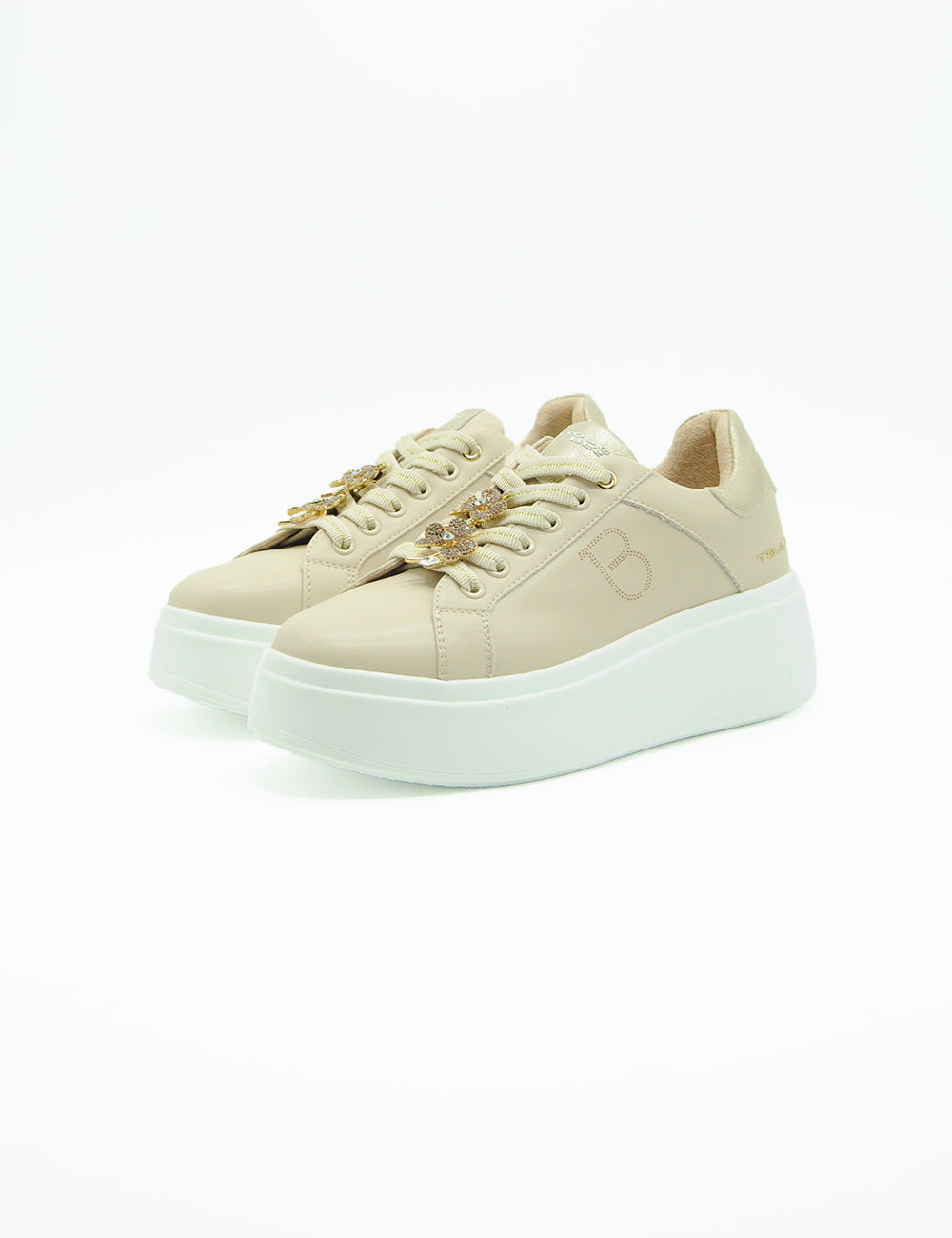 Sneaker Elettra Beige Tosca Blu con lacci oro e suola bianca