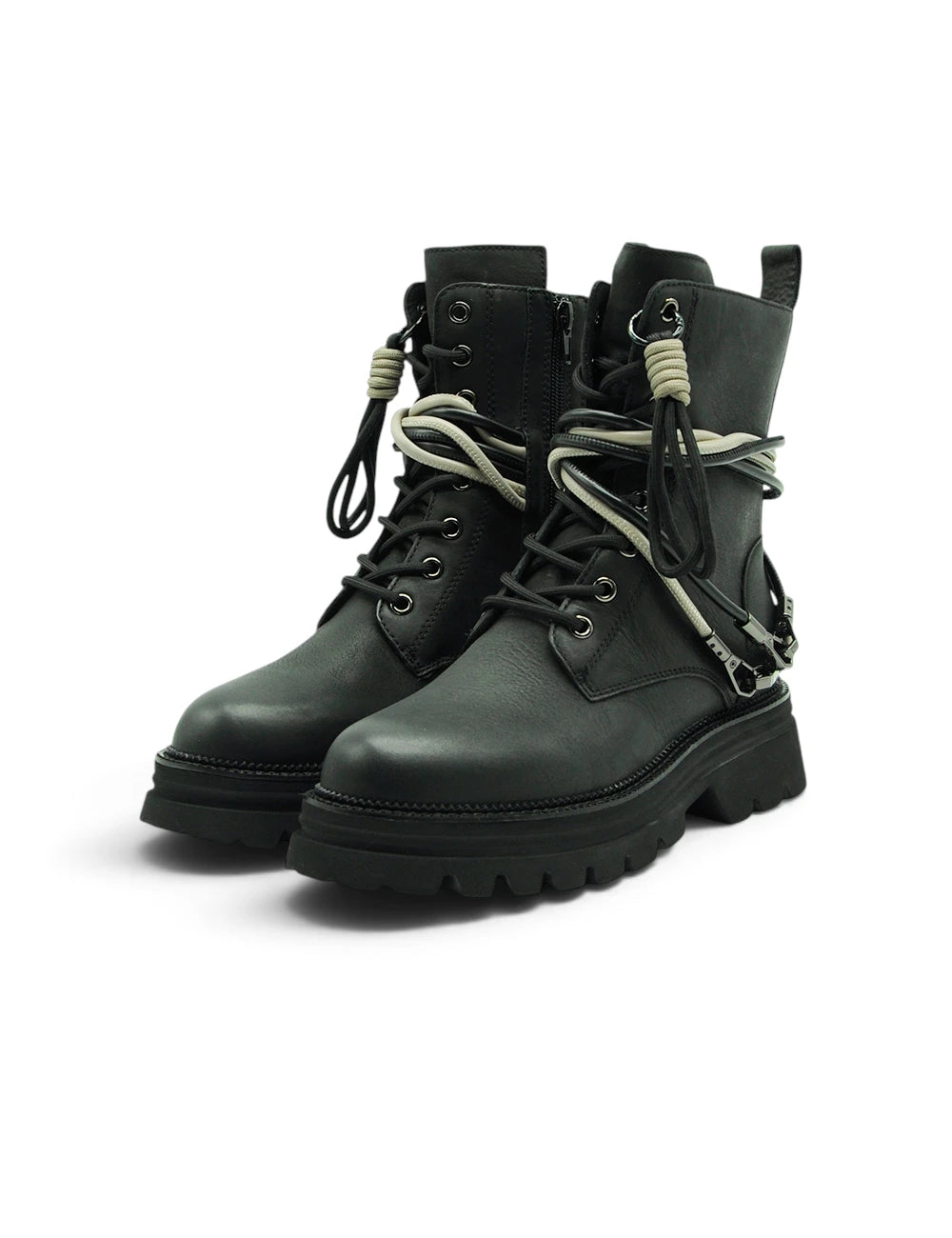 Tosca blu stivaletto mary nero in pelle nera con lacci grigi chiari e suola in gomma chunky