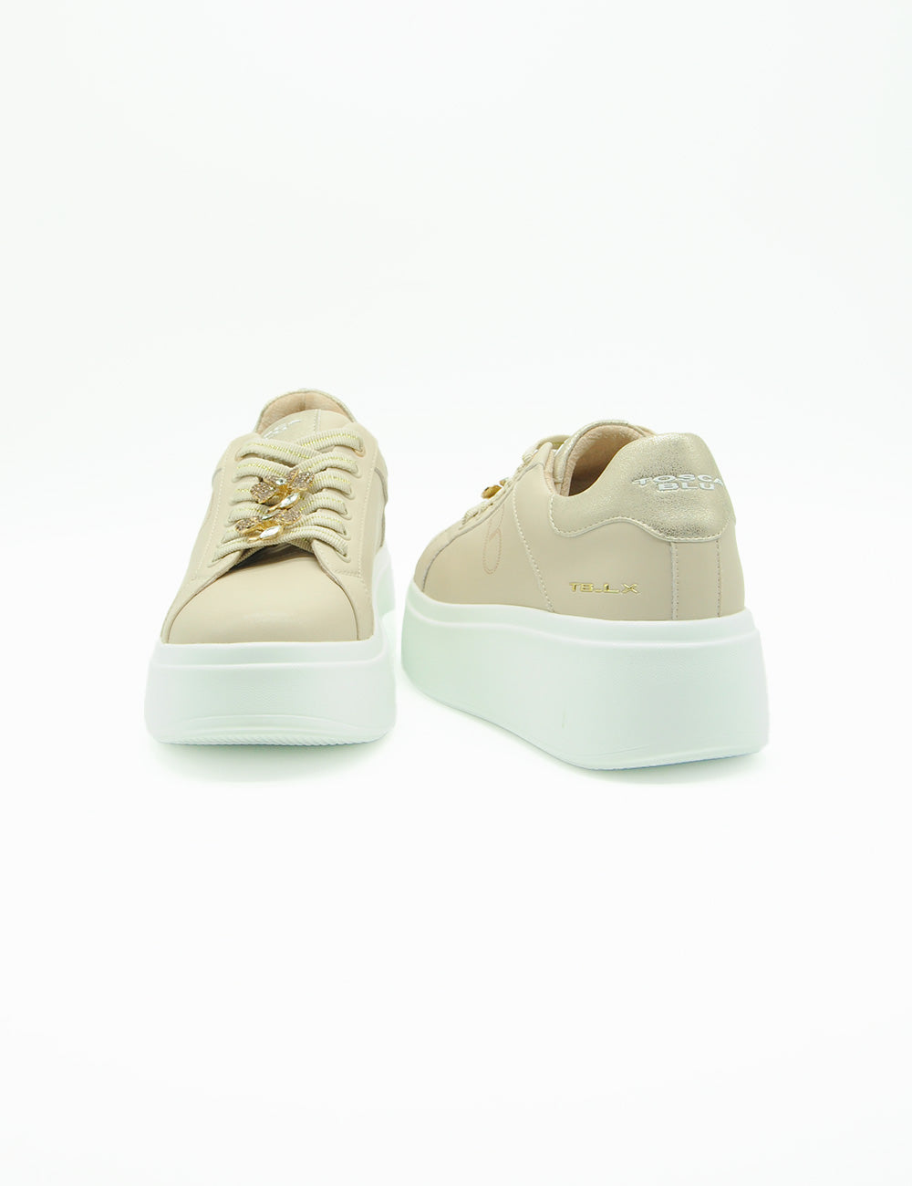 Sneaker Tosca Blu Elettra beige con occhielli dorati e suola bianca
