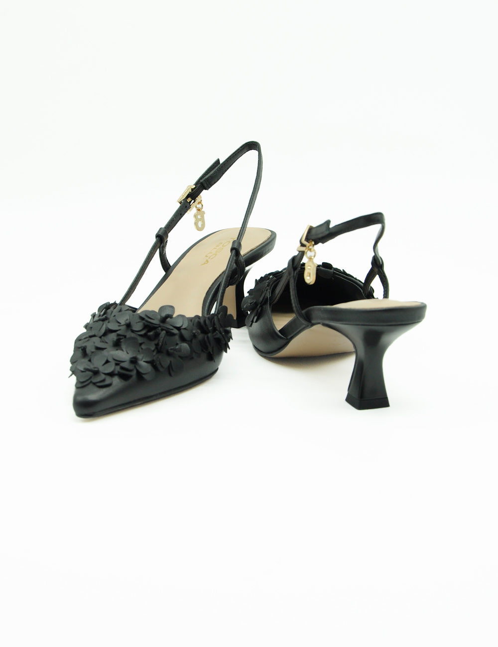 Tosca Blu Chanel Slingback Nera: slingback nere in pelle con fiori e oro