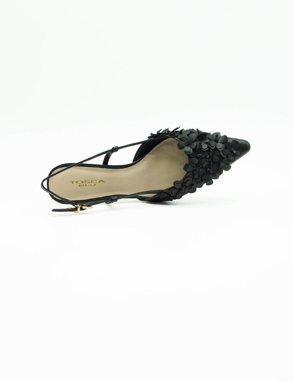 Tosca Blu Chanel Slingback Nera nera con applicazioni floreali a strati sulla punta