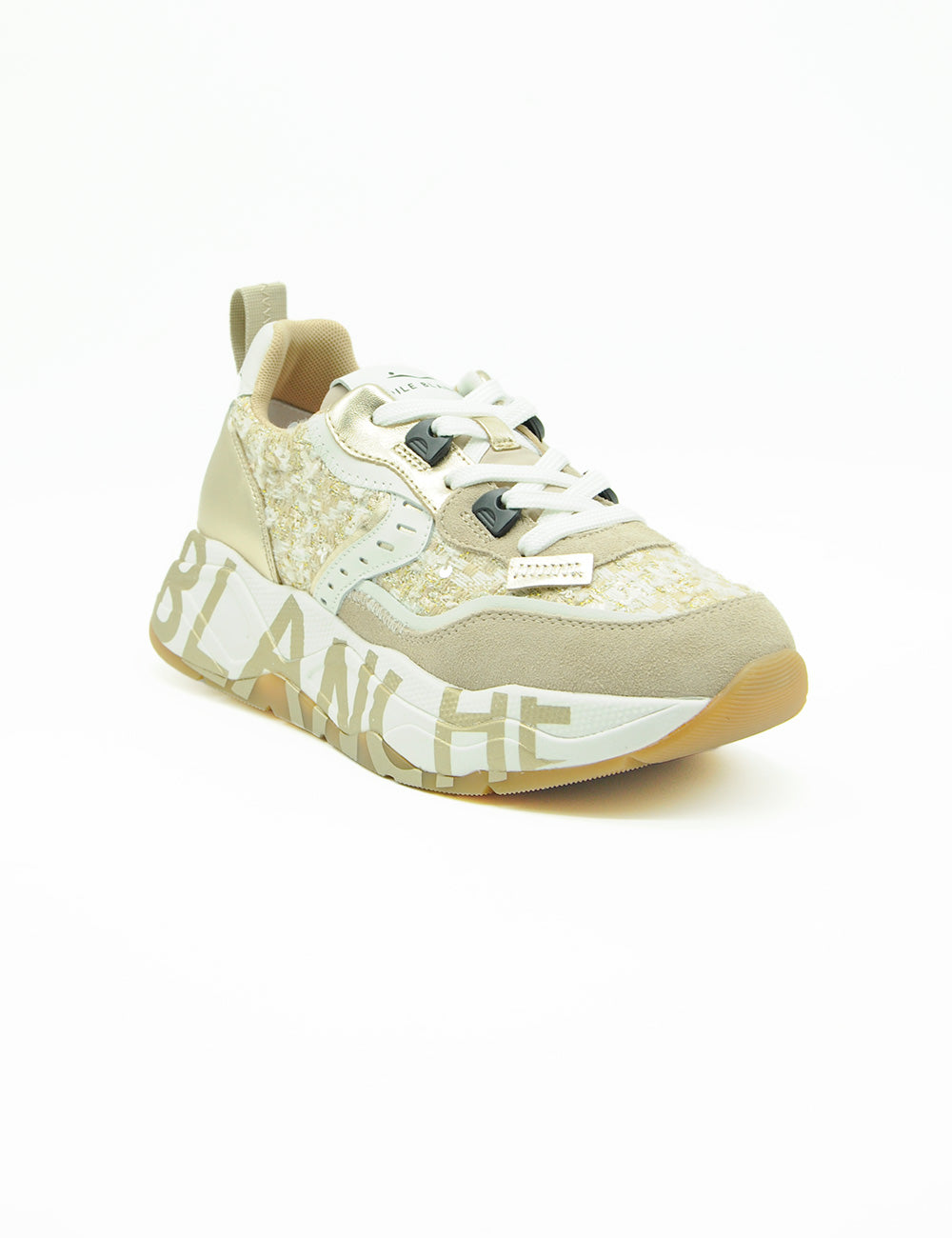 Sneakers Voile Blanche Club105 beige platino con pannelli mesh glitterati, logo blanke e occhielli neri