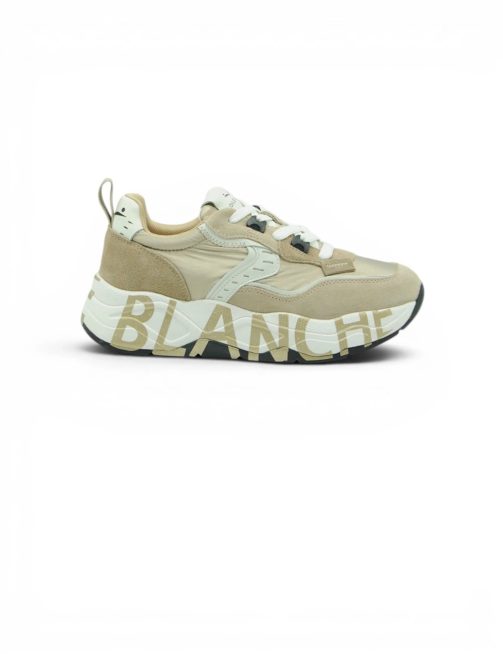 Sneaker chunky voile blanche club105 beige chiaro con dettagli bianchi e scritta bold blanche sulla suola