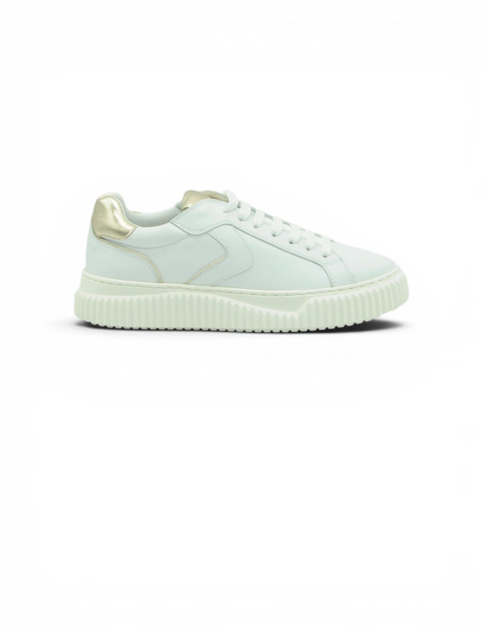 White leather sneaker voile blanche lipari with gold-tone heel tab and ribbed rubber sole viewed from the back