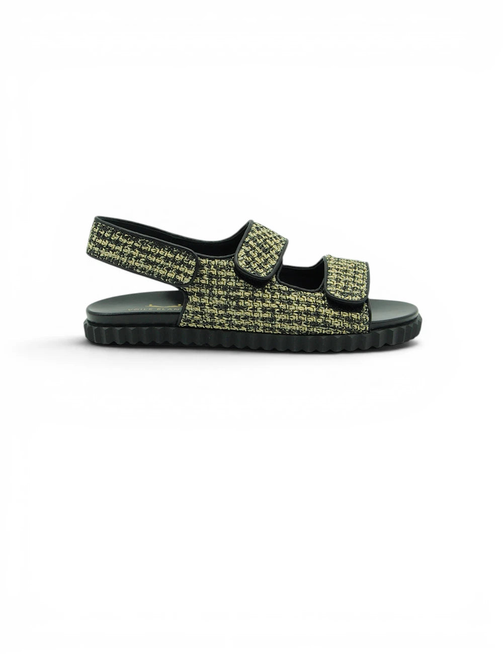 Sandaletto voile blanche vissia beige black in tessuto verde e nero a motivo pied de poule con due cinturini velcro