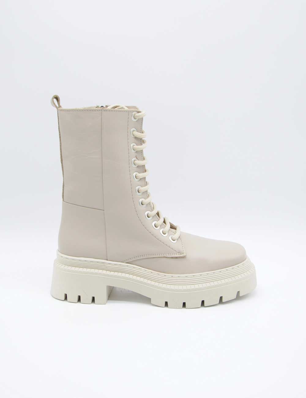 Stivale combat Tosca Blu Anfibio Berlino Latte in pelle crema con lacci bianchi e suola testurizzata chunky
