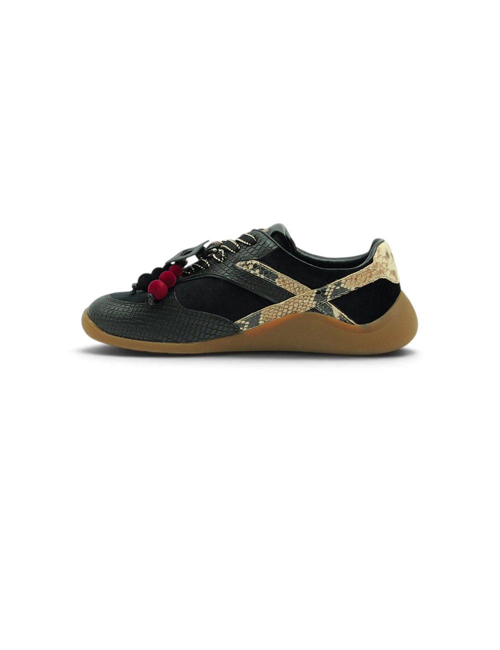 Sneaker 3p velvet black nera con stampa serpente nero e marrone e lacci con pon pon rossi
