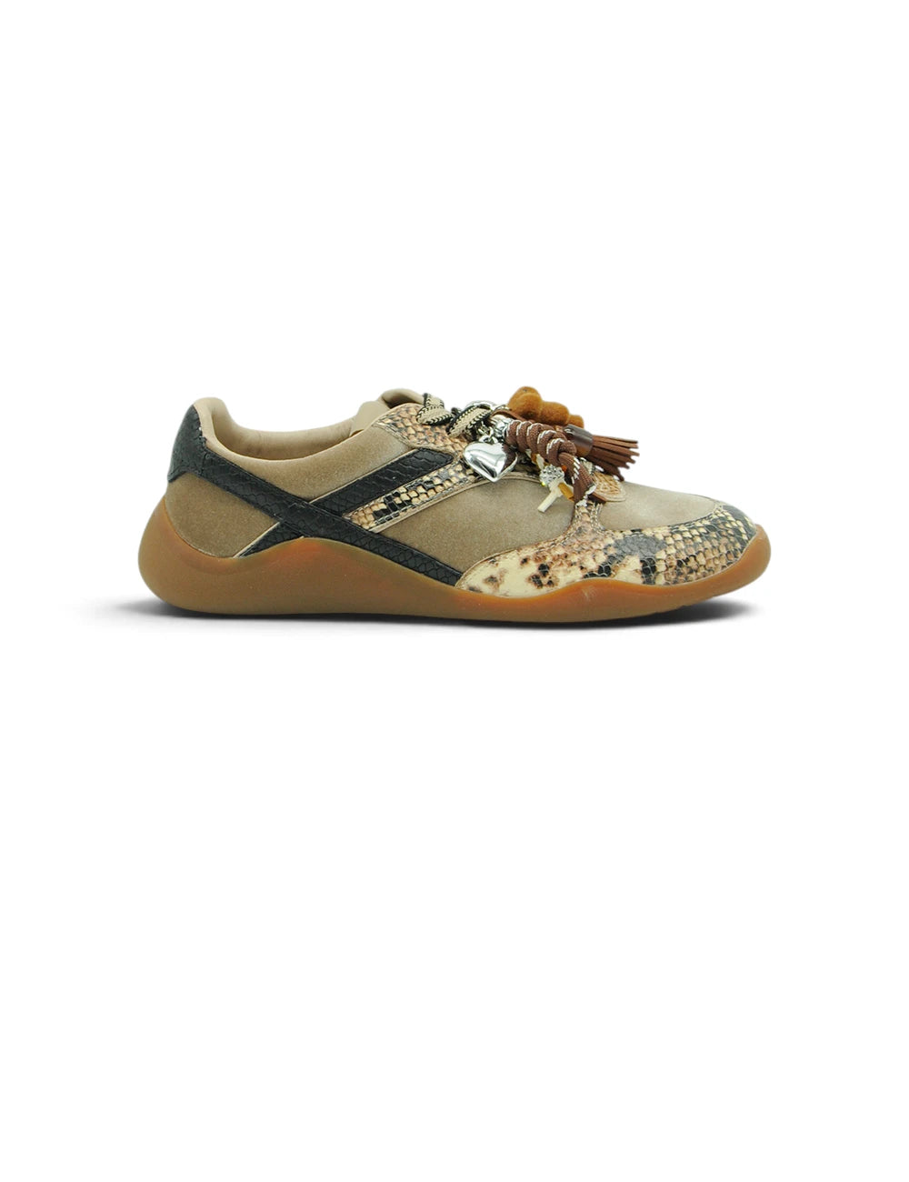 Sneaker 3p velvet stone in camoscio tan con dettagli neri e stampa pitone e nappina intrecciata ai lacci