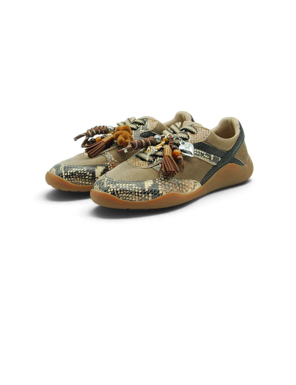 Sneaker 3p velvet stone in pietra vellutata con stampa serpente marrone e beige e nappine decorative ai lacci
