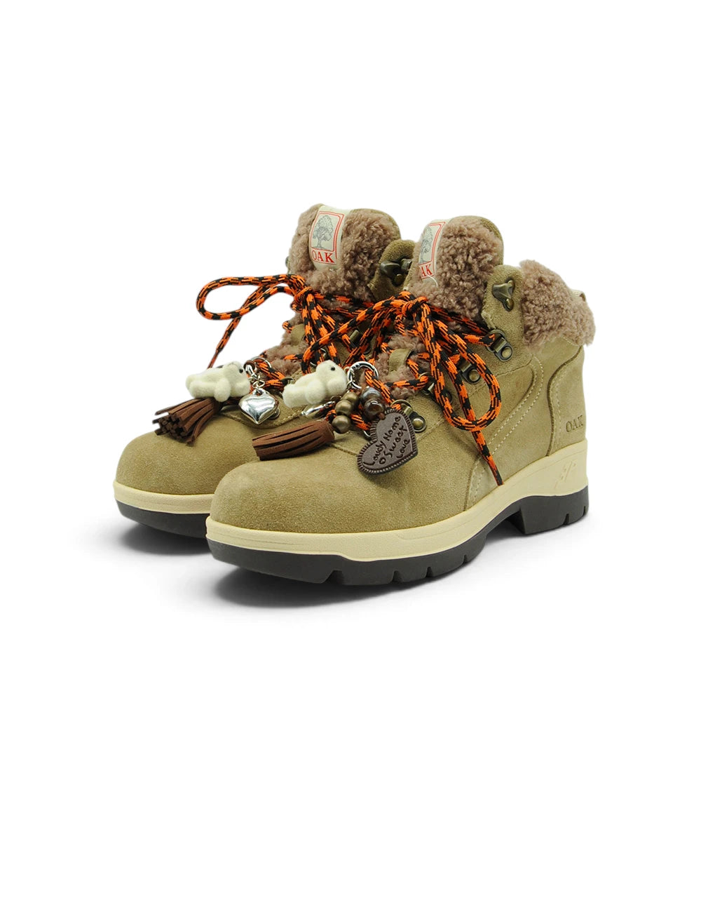 Tan suede ankle boots 3p scarponcino chalet teddy beige with plush fur lining and braided laces with charms