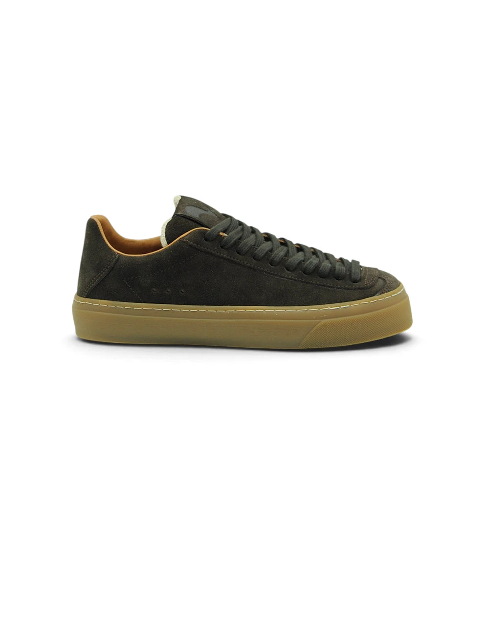 Sneaker aqua alta dark brown in suede verde oliva scuro con suola in gomma color sabbia e lacci abbinati