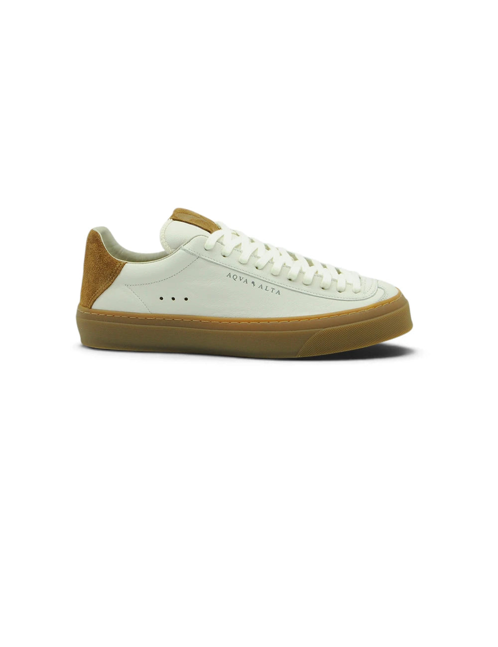 Sneaker aqua alta in pelle bianca con dettagli in suede cognac e suola in gomma color naturale